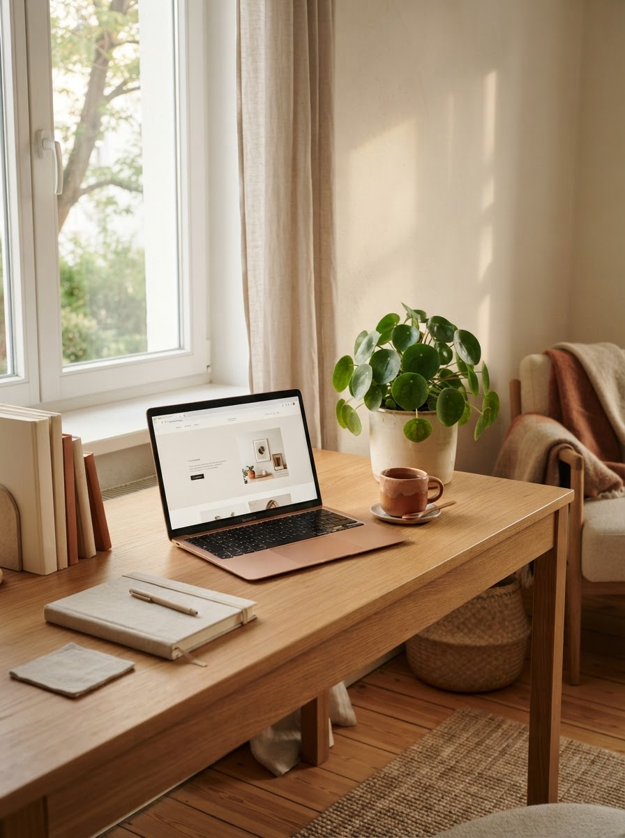Ruhiger, heller Arbeitsplatz mit Laptop und Pflanzen