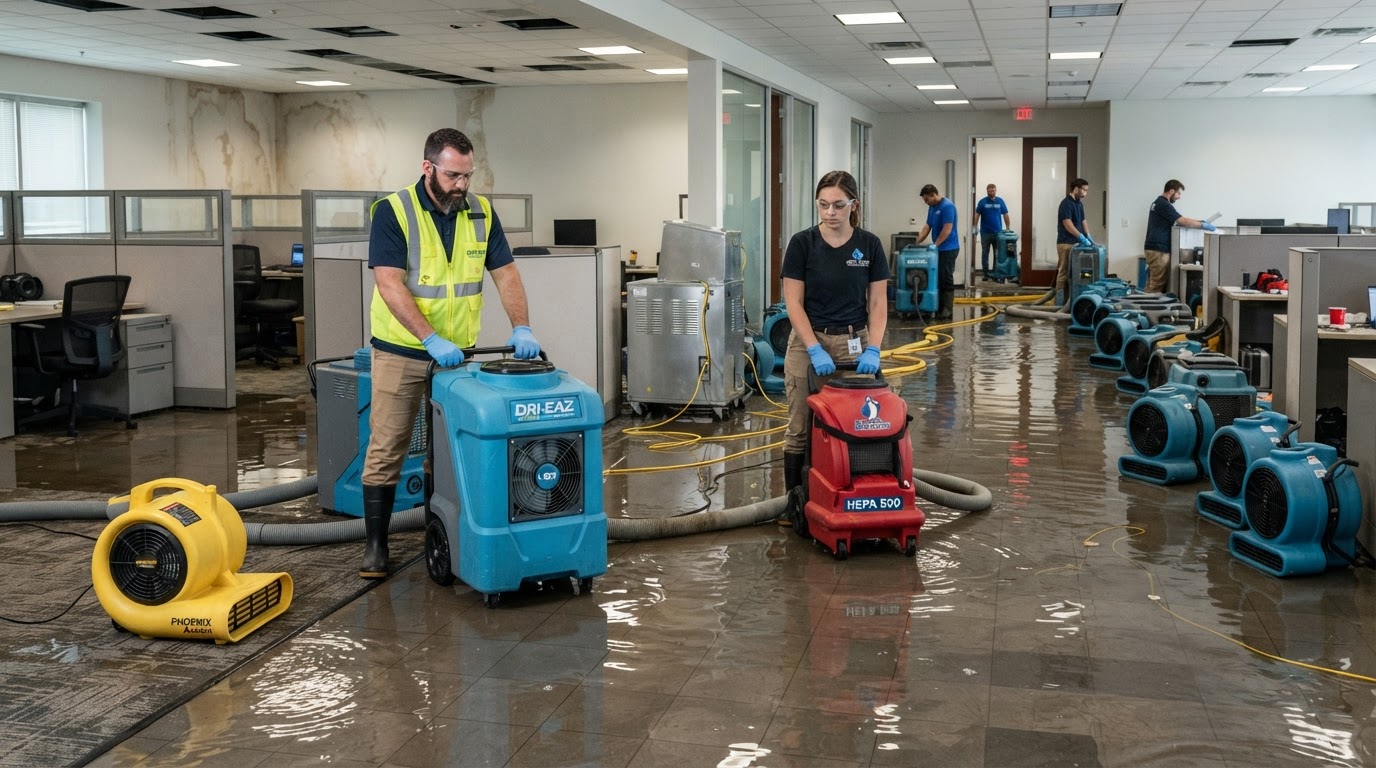 Commercial water damage restoration team with heavy dehumidifiers operating in flooded office