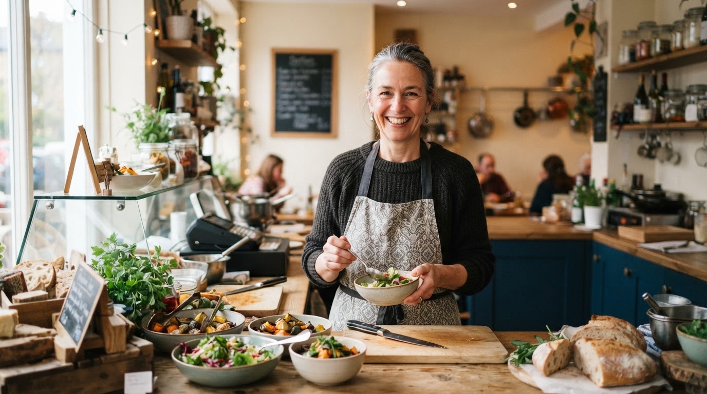 A friendly independent restaurant owner at their counter