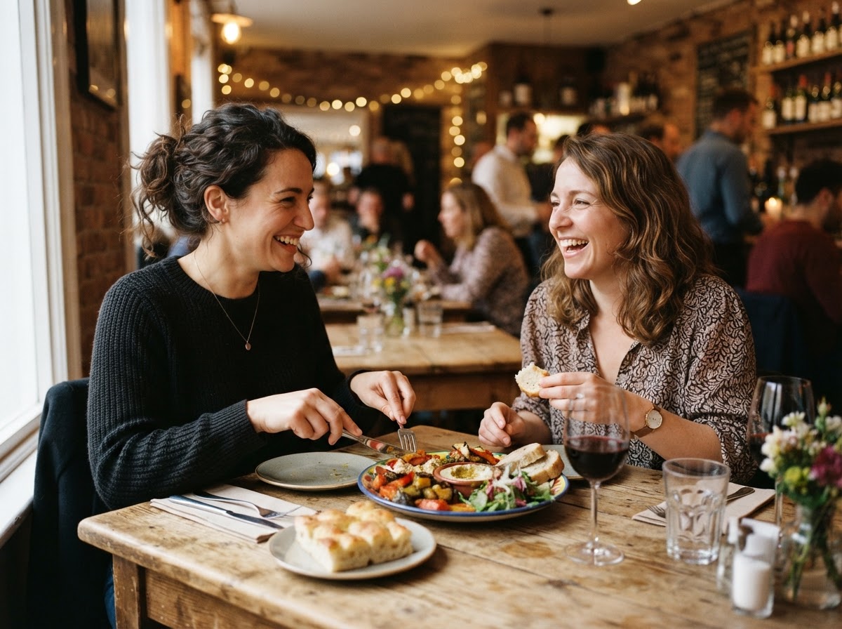 Customers enjoying a meal together at an independent restaurant