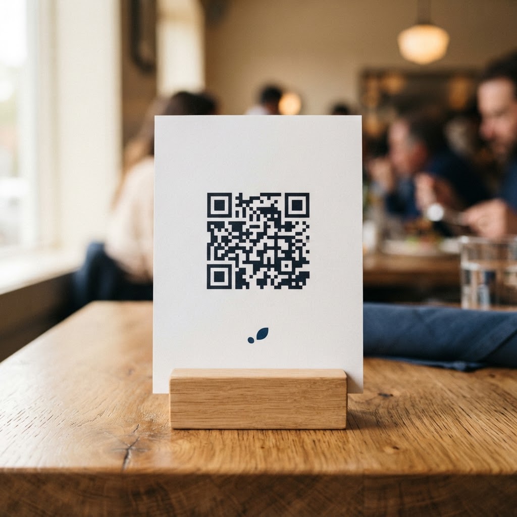 A simple QR code sign on a restaurant table