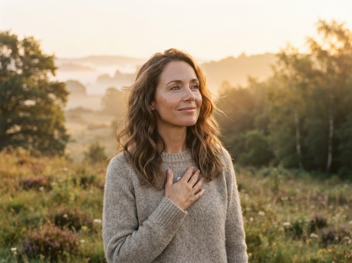 Serene woman with hand on heart bathed in gentle sunrise light, reflecting in quiet peace