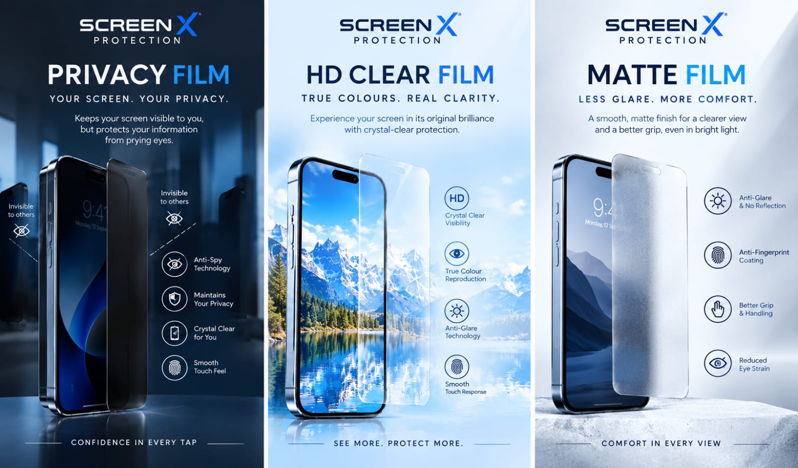 SCREEN X PROTECTION Protection Film Lineup — Privacy Film, HD Clear Film, and Matte Film