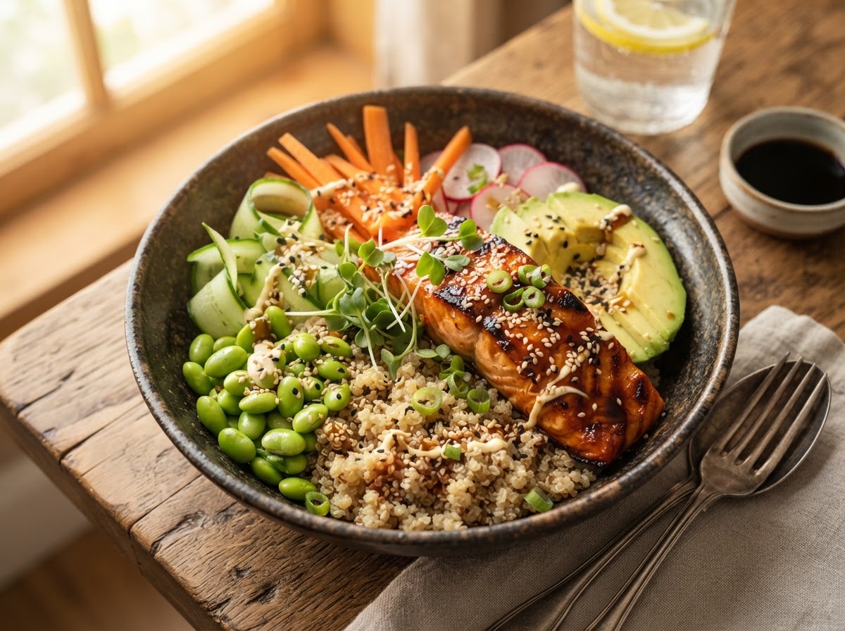 Kcal arme en eiwitrijke kip bowl met avocado en broccoli