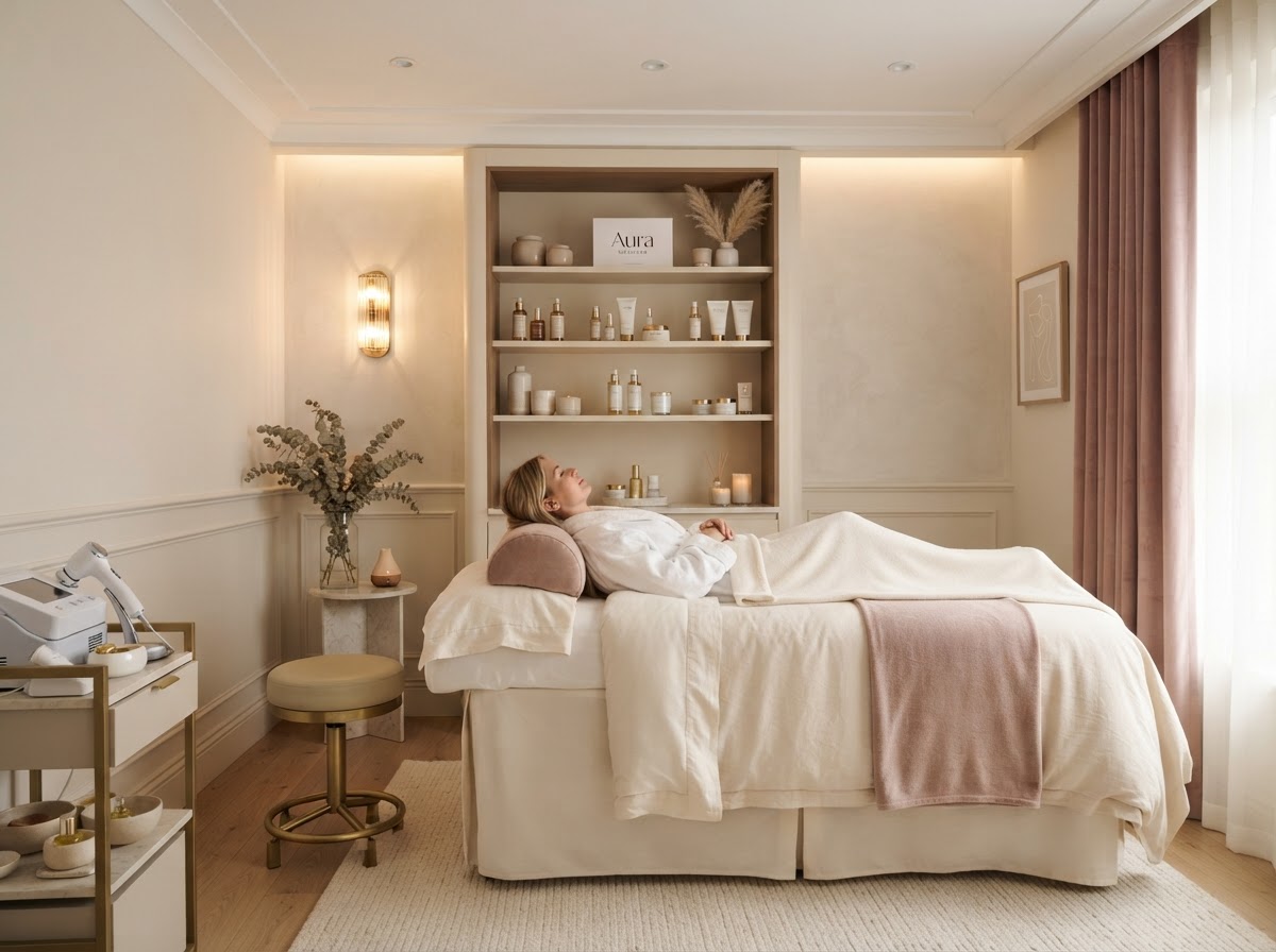 Interior elegante de una cabina de estética avanzada en tonos marfil y rosa empolvado