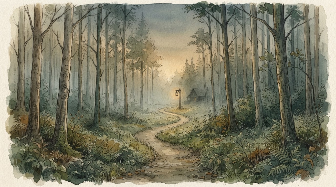 A foggy forest path at dusk leading toward warm lantern light