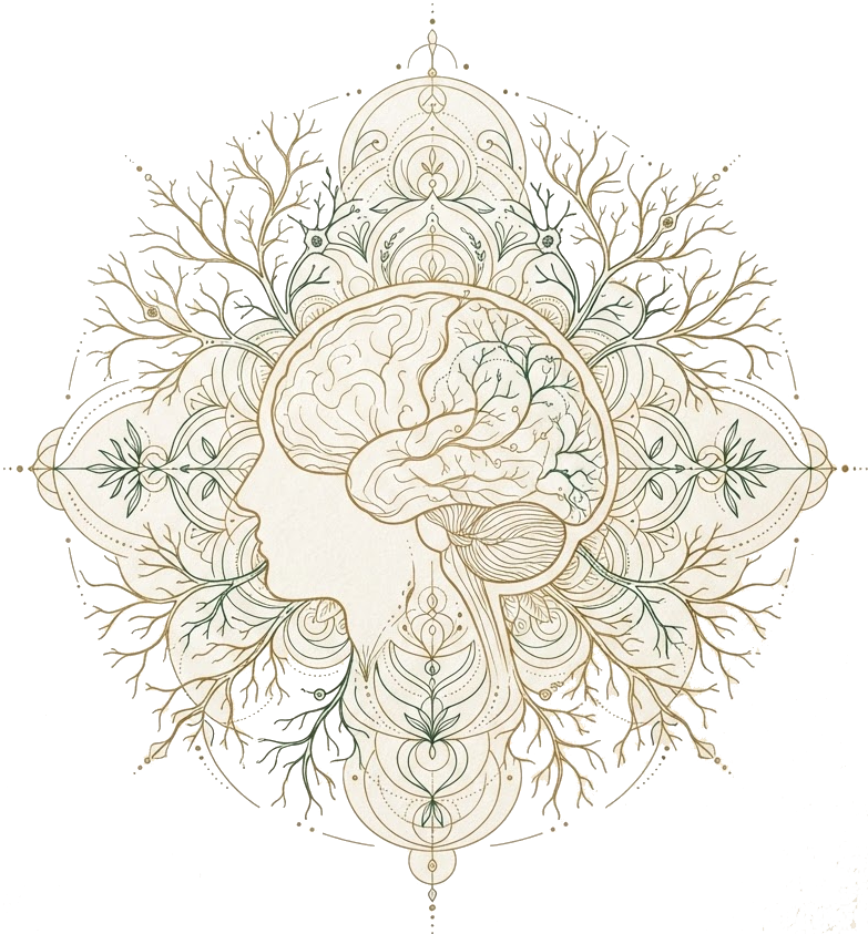 An elegant brain and profile mandala illustration of the ASH method
