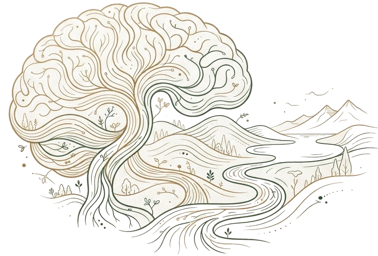 A serene mindscape: a brain flowing like a river through calm hills
