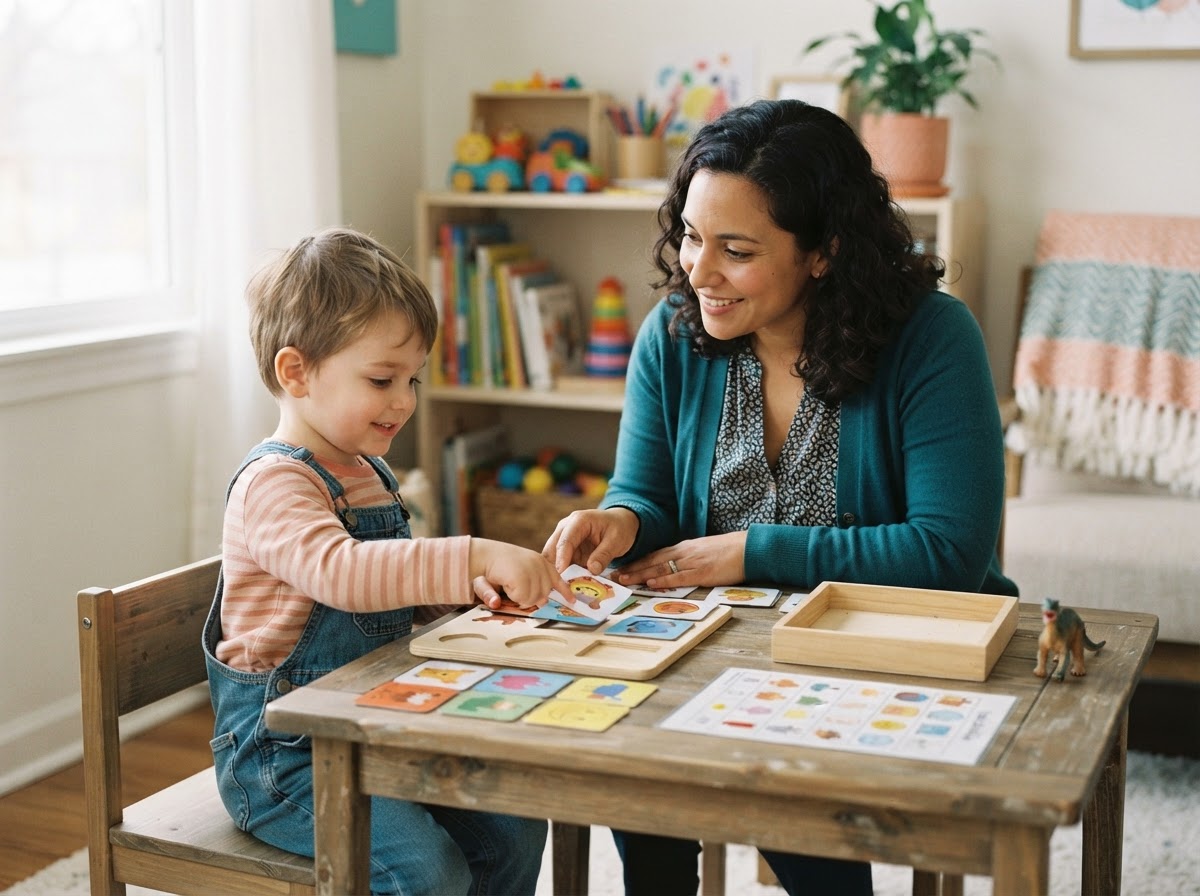 A behavioral therapist doing a learning activity with a child at a table