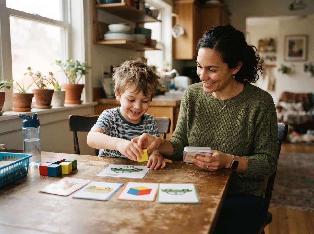 A behavioral therapist and a young child doing a structured play activity together at a kitchen table