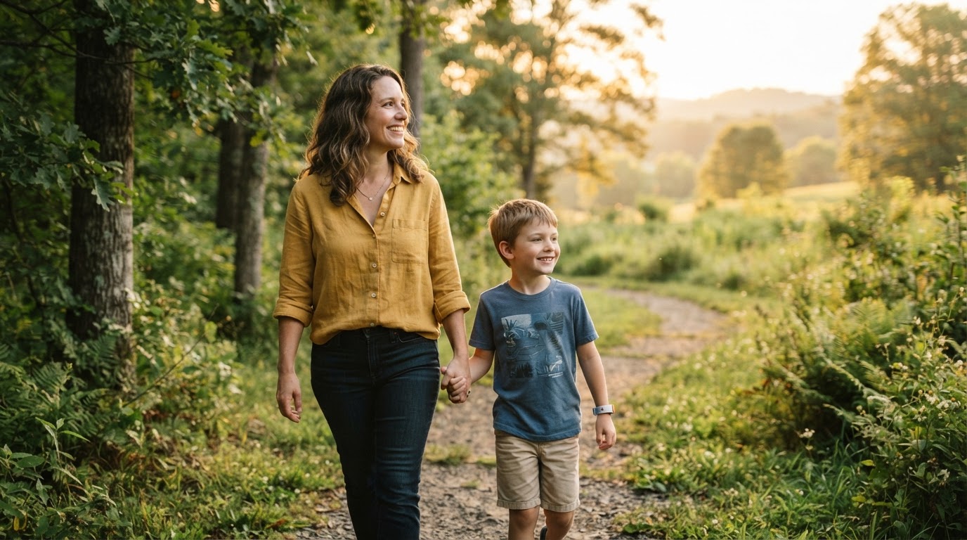 A mother gently holding hands with her young child in a North Carolina park at golden hour