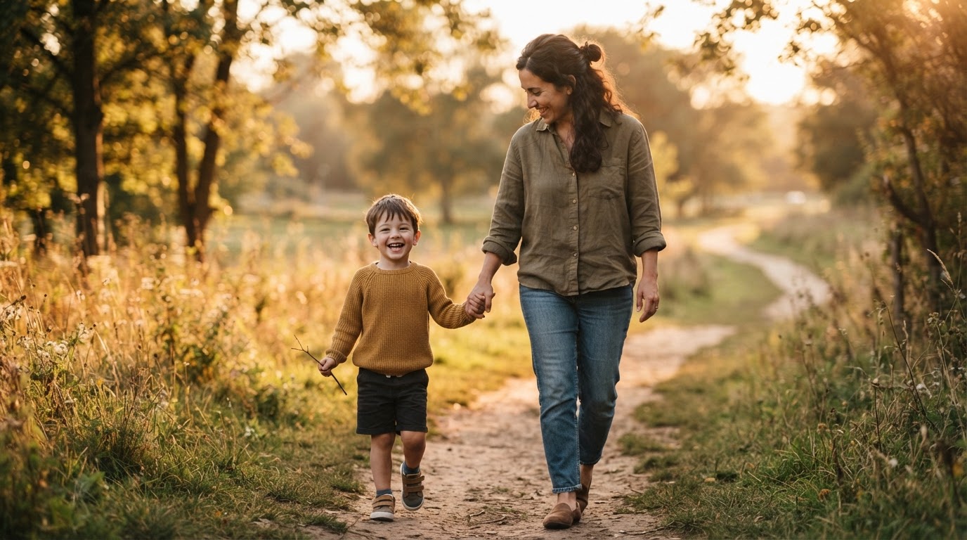 A parent and child holding hands and walking forward together outdoors at golden hour