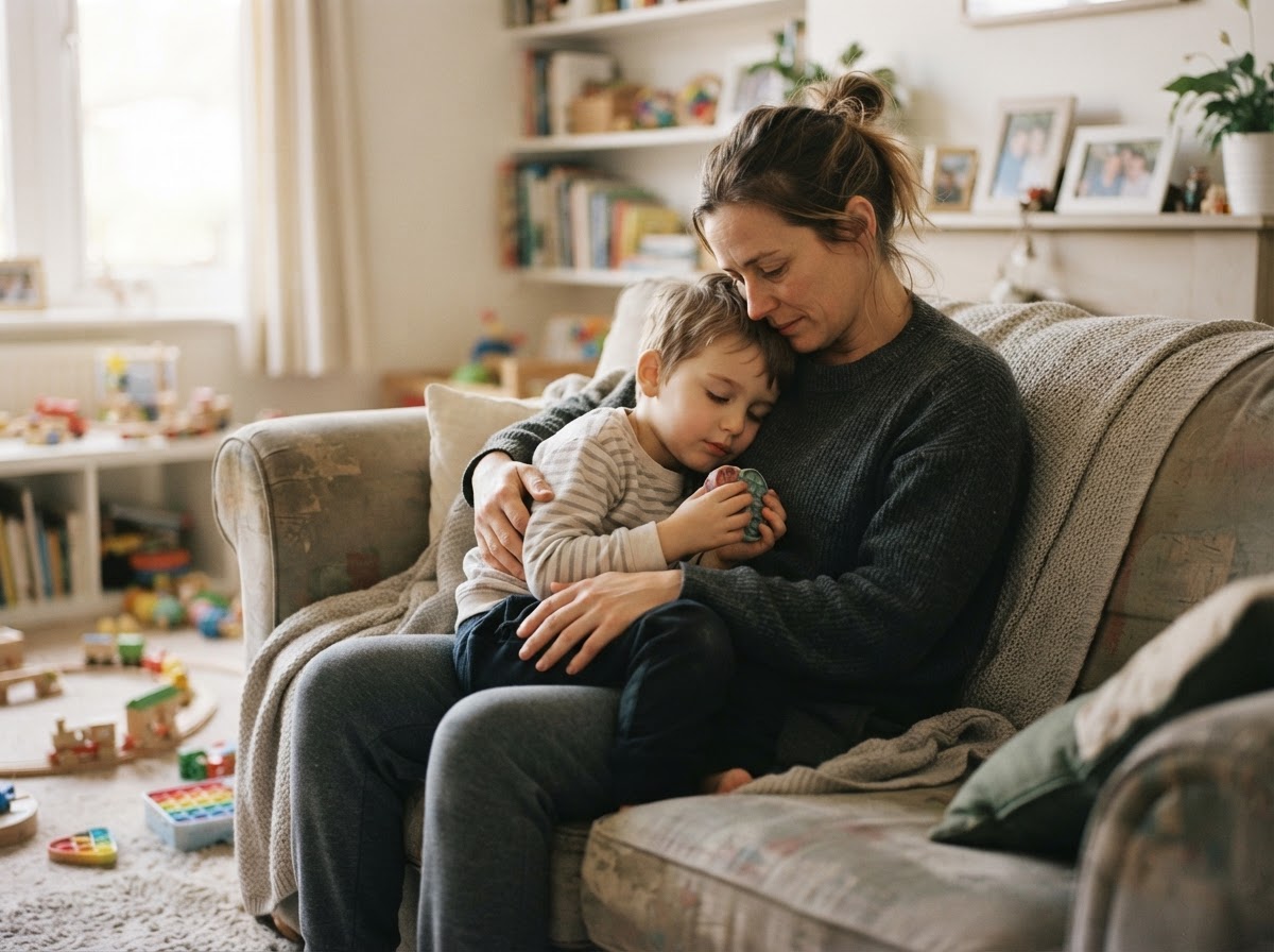 A mother sharing a quiet, caring moment with her child on the couch at home