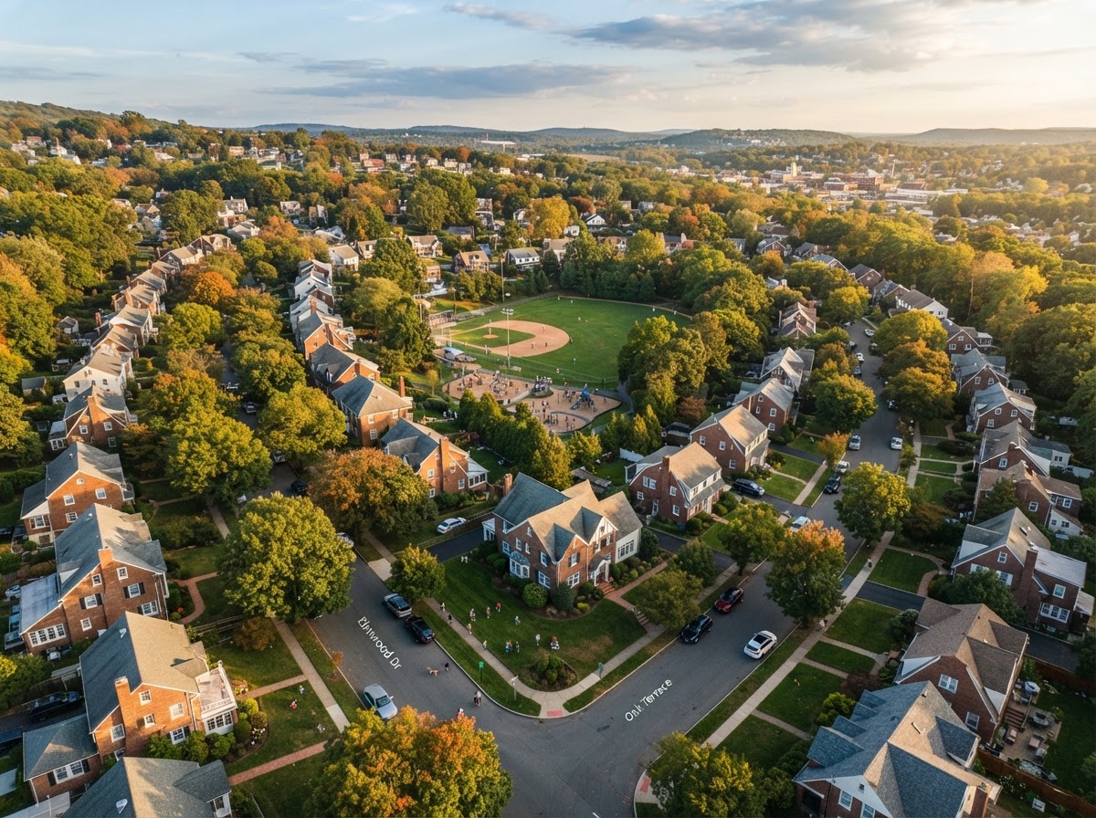 Aerial view of a welcoming New Jersey neighborhood with tree-lined streets and family homes