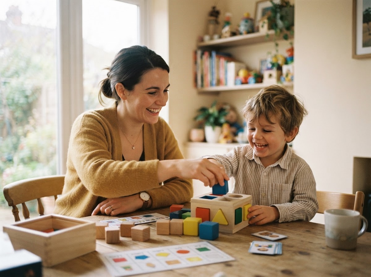 A behavior therapist and a child doing a playful learning activity together at home