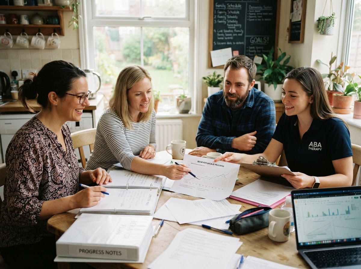 A BCBA and RBT reviewing a child's progress notes with parents at the kitchen table