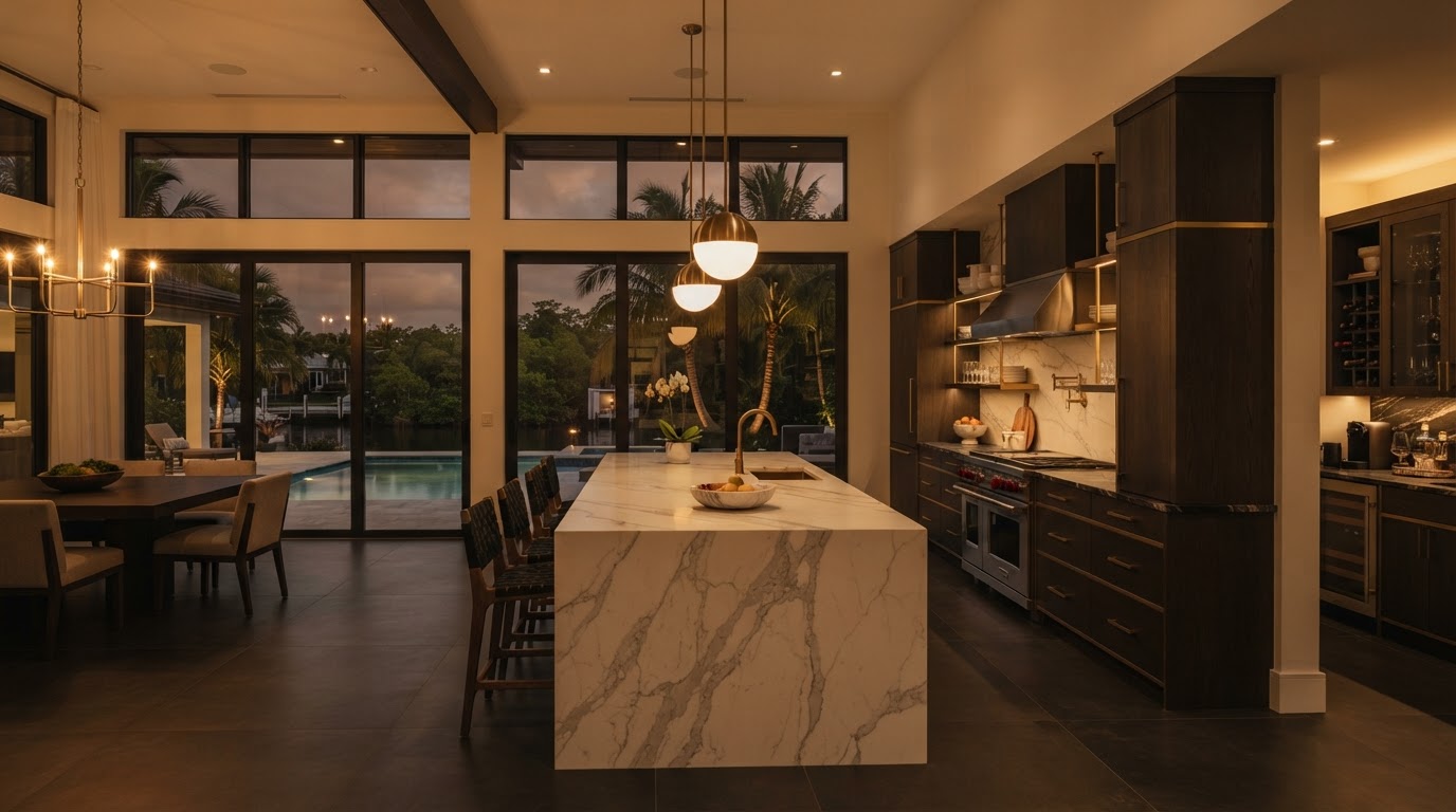 Luxurious remodeled kitchen with custom cabinetry, marble waterfall island and warm brass pendant lighting