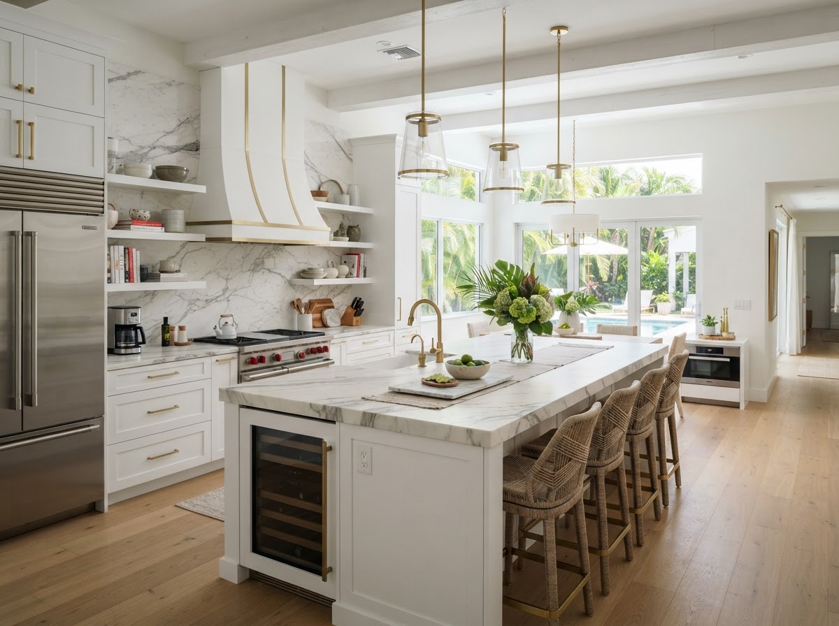 Bright remodeled kitchen with white shaker cabinets, marble countertops and brass fixtures