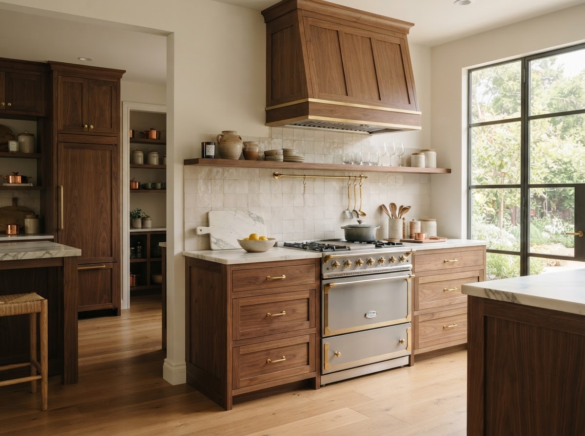 Custom built walnut kitchen cabinetry with brass hardware