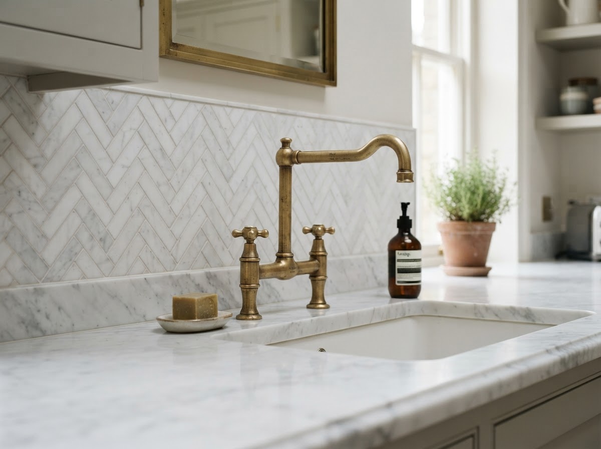 Close-up of fabricated white marble countertop with herringbone tile backsplash and brass faucet