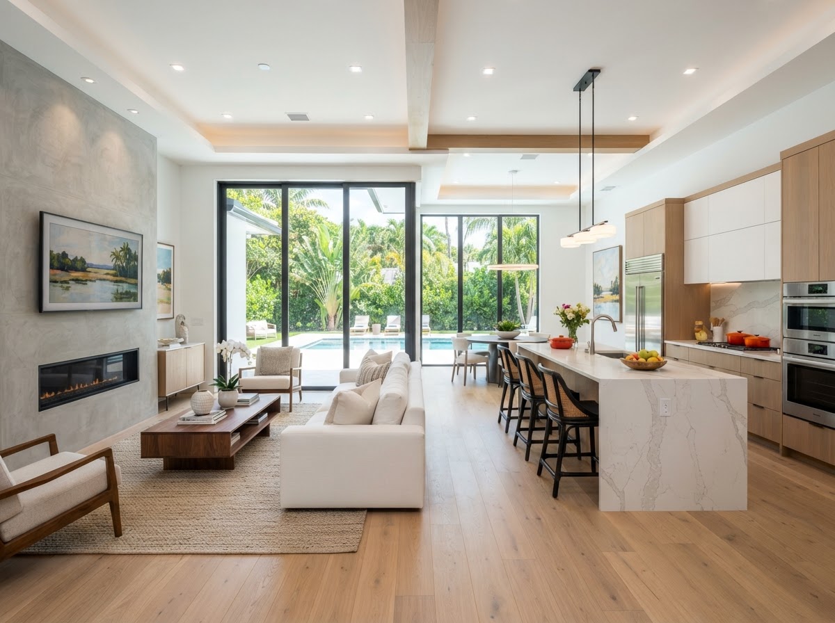 Open-concept living space flowing into a modern kitchen after full home renovation