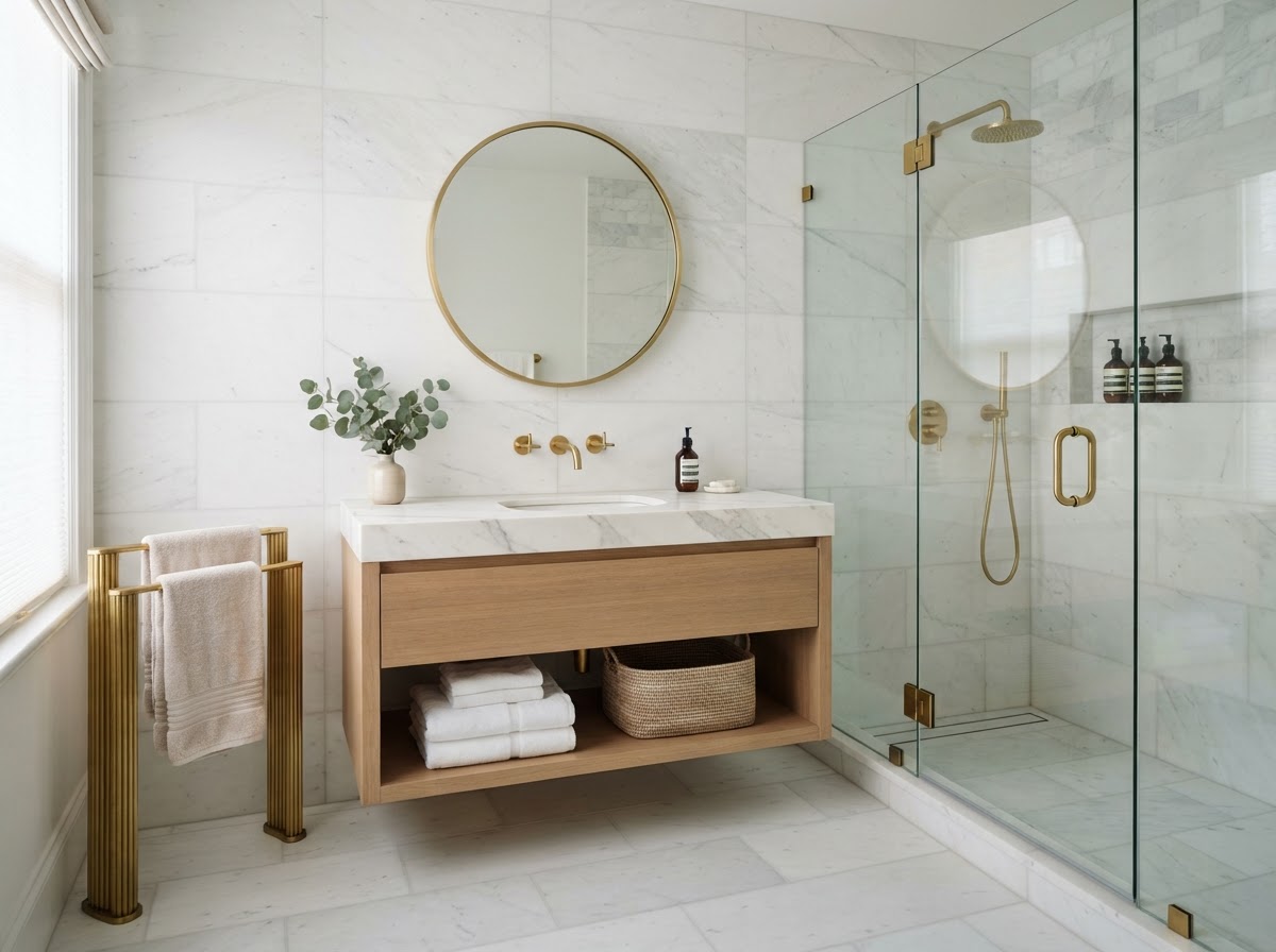 Renovated bathroom with large-format marble tile, frameless glass shower and floating vanity