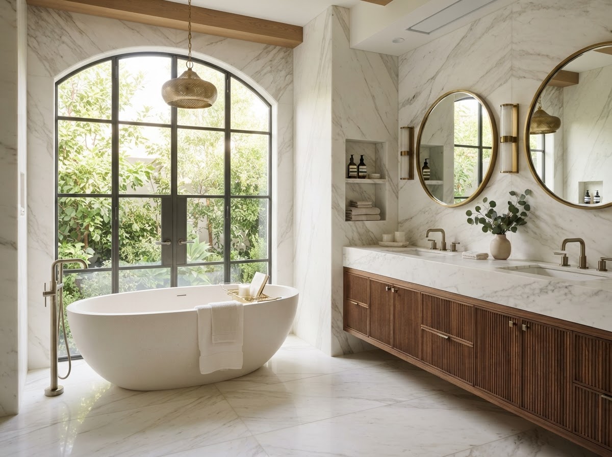 Luxury master bathroom with freestanding soaking tub and marble walls