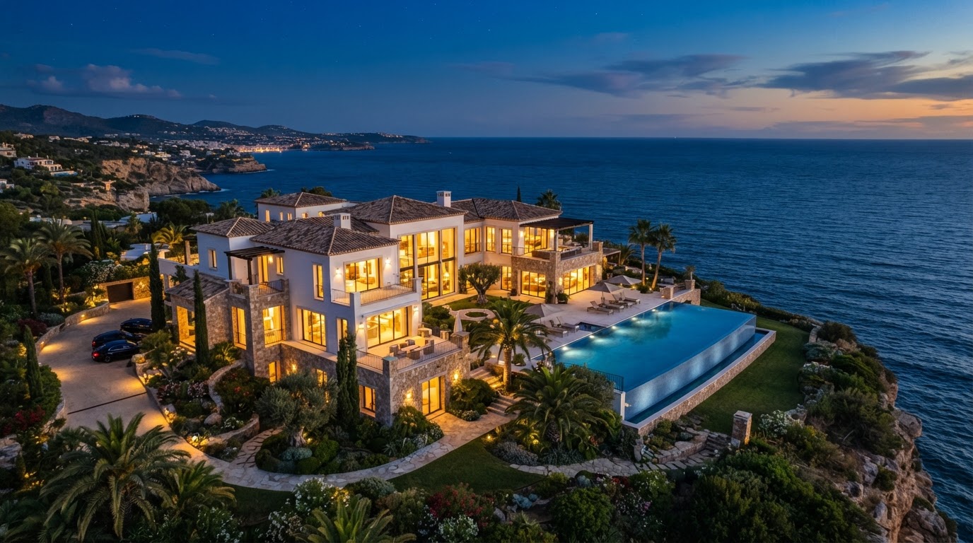 Mansión de lujo mediterránea con piscina infinita al atardecer