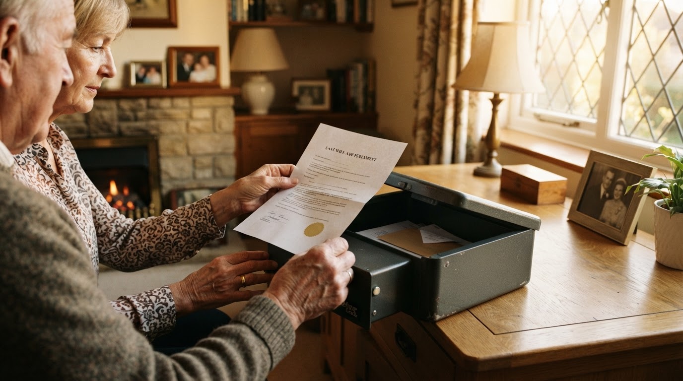 An older couple placing a signed will document into a fireproof safe box on a wooden sideboard in a cosy British home in soft golden light