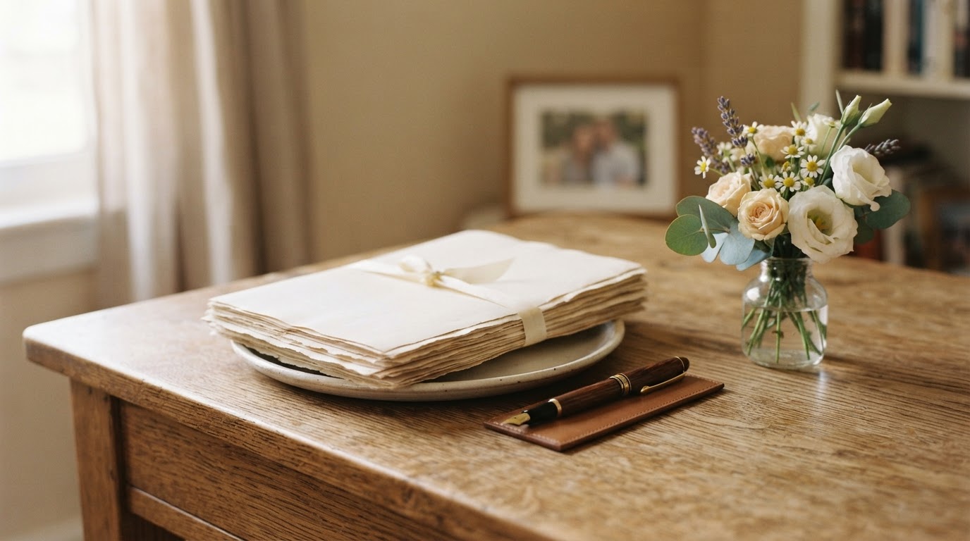 Neat stack of probate paperwork with a fountain pen and flowers