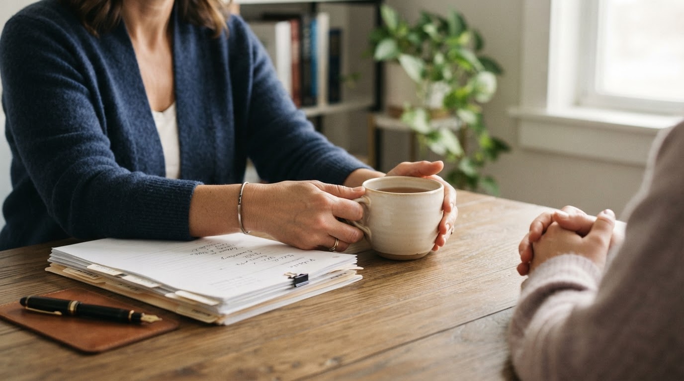 A comforting cup of tea placed beside neatly organised probate paperwork and a fountain pen on a wooden table in soft warm light