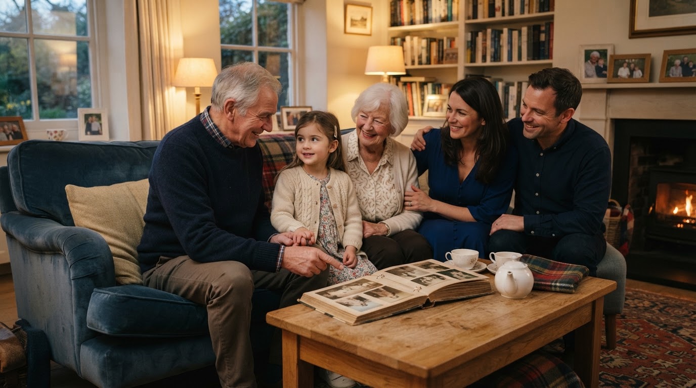 Three generations of a British family gathered comfortably in a cosy living room, symbolising inheritance and family legacy