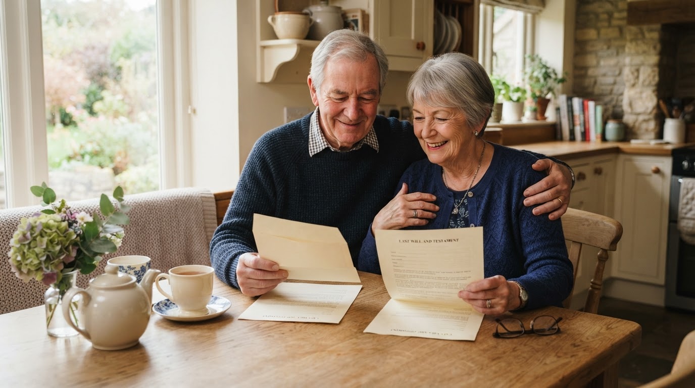 A happy older married couple smiling together while reviewing matching mirror will documents at their kitchen table