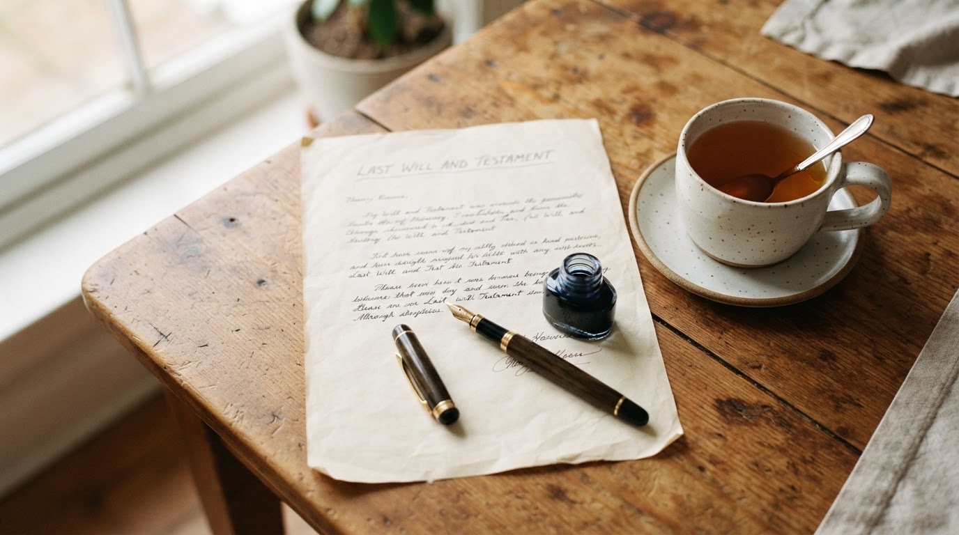 Fountain pen resting on a handwritten Will document at a kitchen table