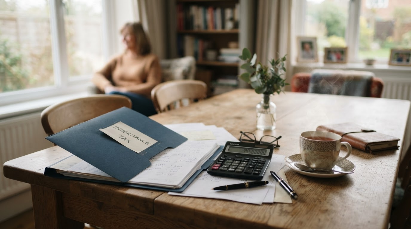 A British family's dining table with a calculator, an inheritance tax folder and a cup of tea in soft natural light