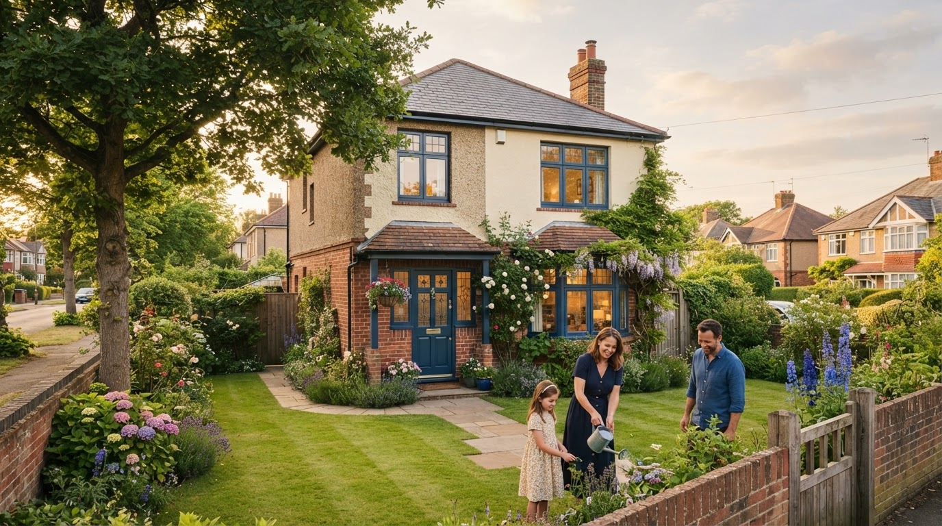 A charming British family home with a tidy garden bathed in soft golden afternoon light, symbolising a protected property legacy