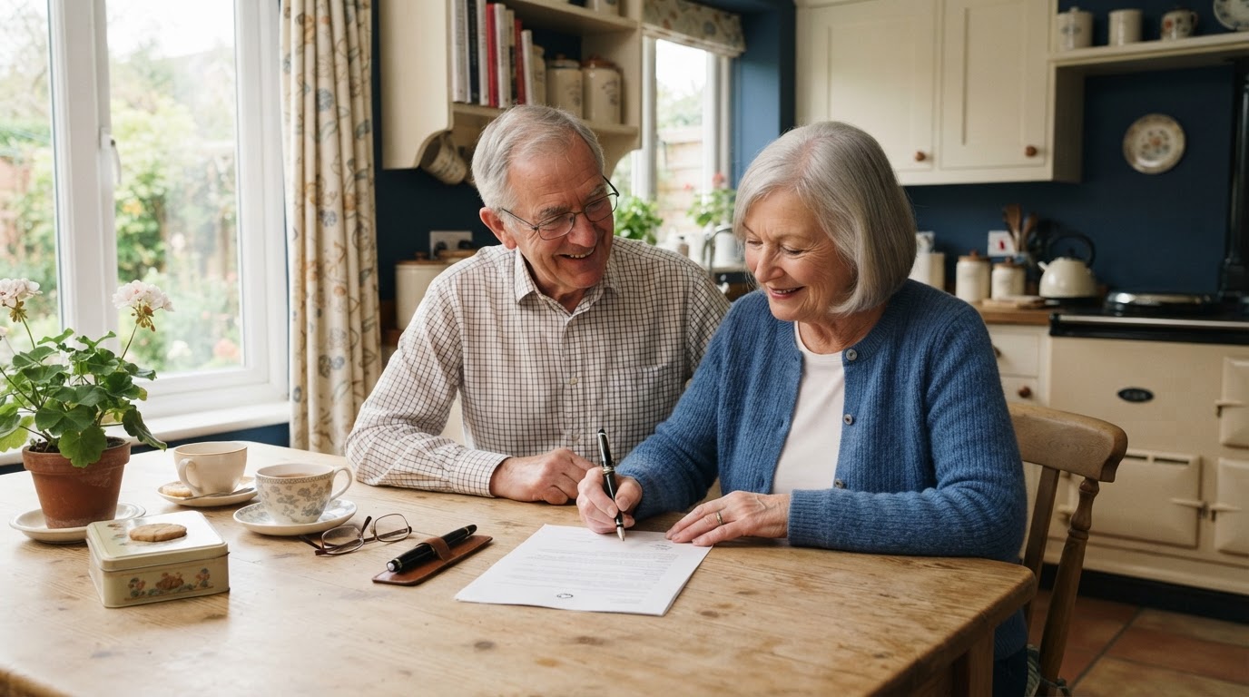 An older couple reviewing a draft will with a cup of tea at their kitchen table in a warm British family home