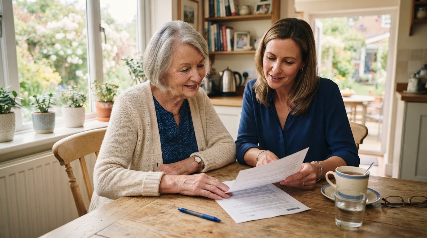 A trusted family member helping an older person review a Lasting Power of Attorney document at a sunlit kitchen table