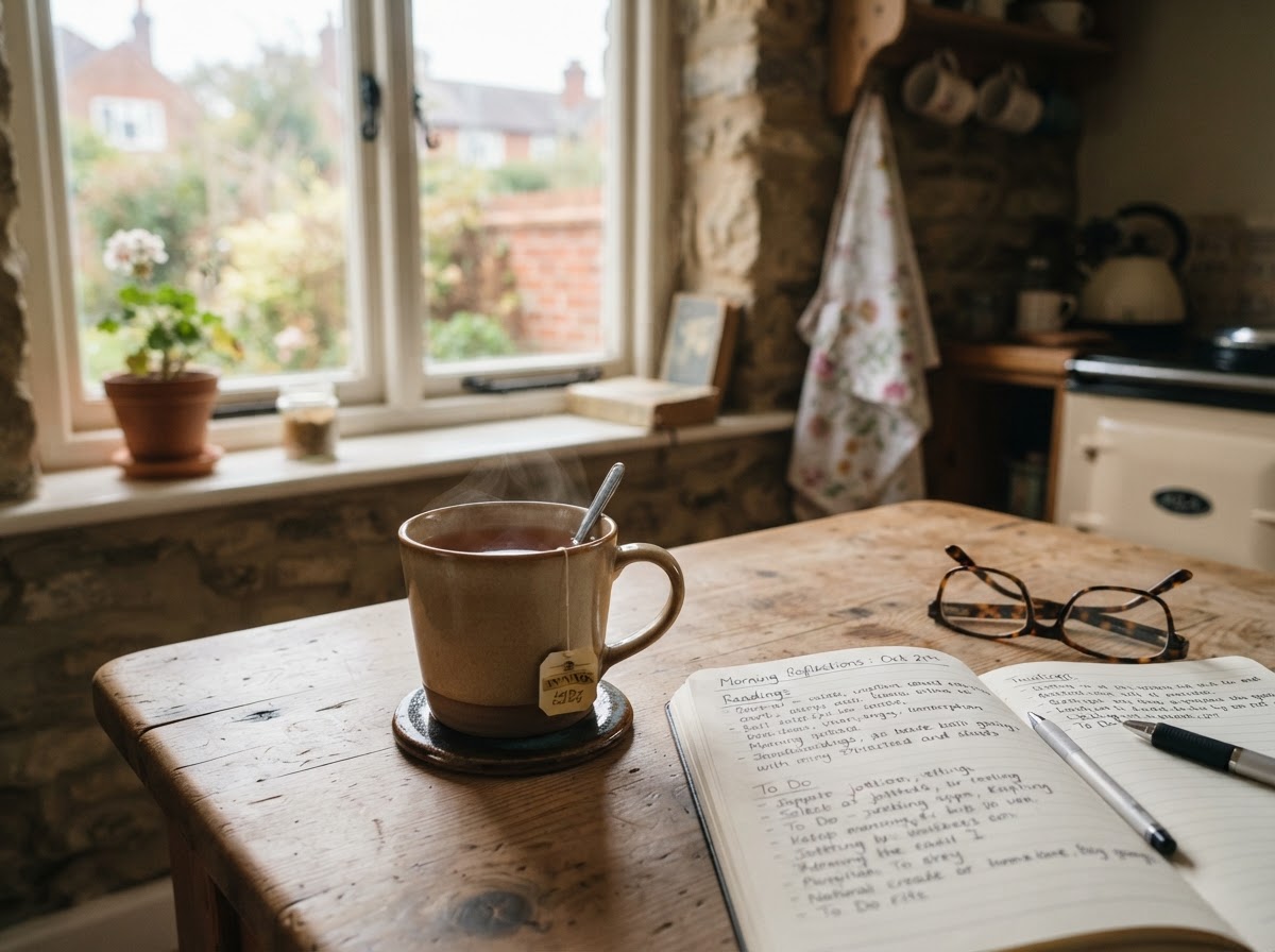 A warm cup of tea on a kitchen table — a friendly, no-pressure chat