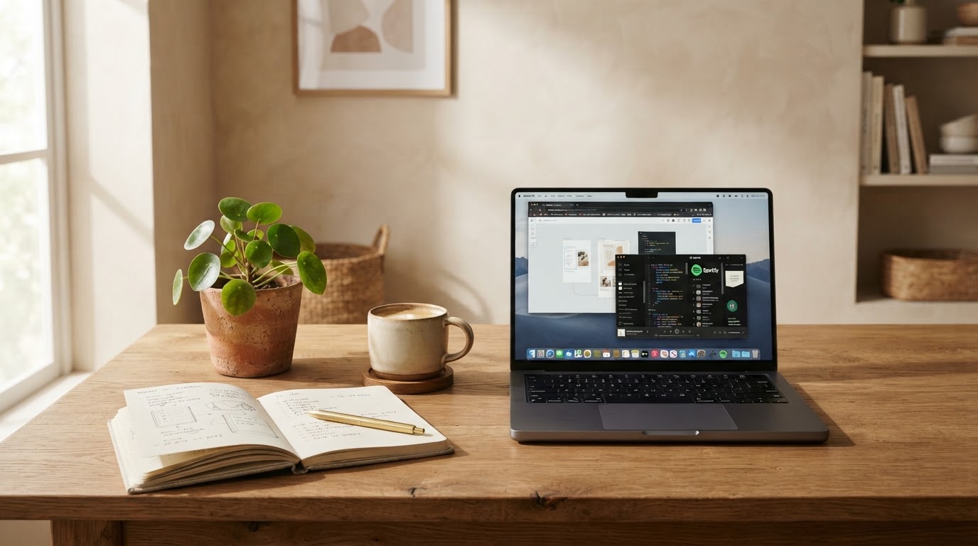 Warm workspace scene with laptop on wooden desk, coffee cup, notebook, and green potted plant