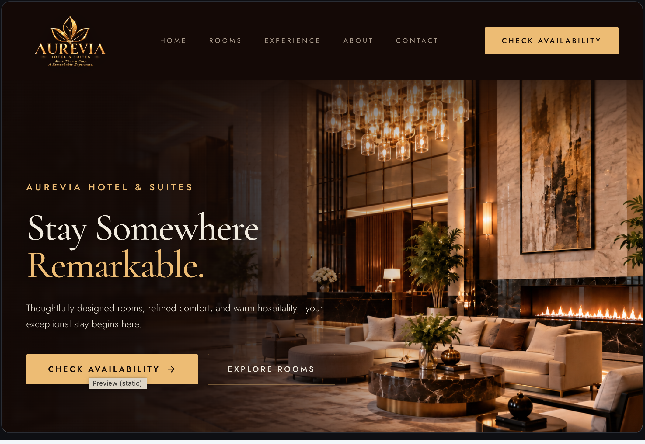 Aurevia Hotel & Suites - Hero Section — Stay Somewhere Remarkable & Direct Booking CTA