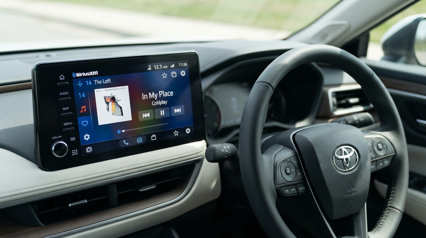 Factory Toyota screen showing active SiriusXM channel & metadata