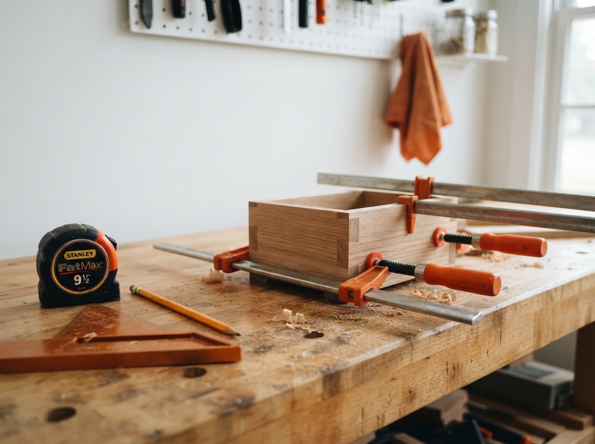 Workbench with a tape measure, framing square, pencil, and a small wooden project held in clamps