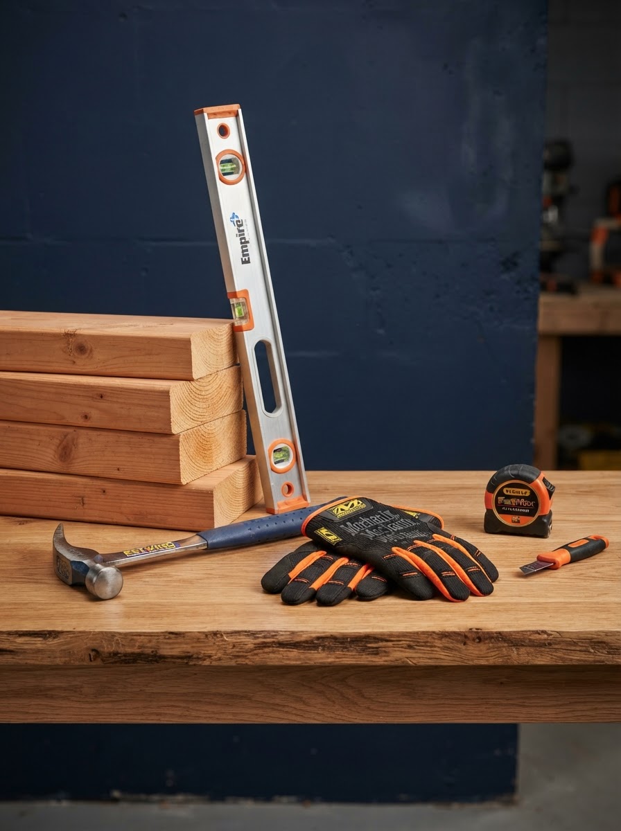 Neatly stacked lumber, a level, hammer, and safety gloves on a clean workbench