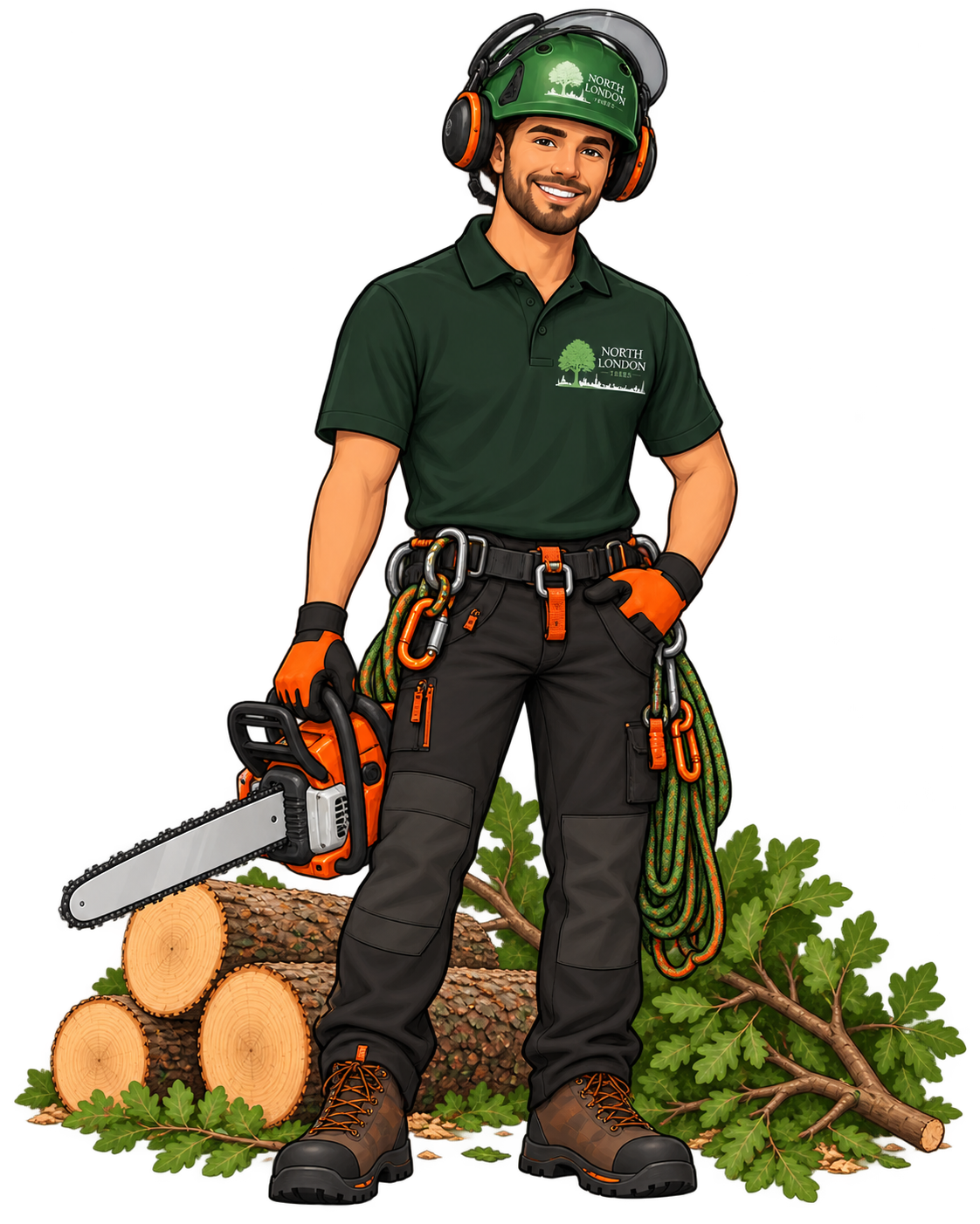 Arborist carrying chainsaw and climbing gear - How We Work