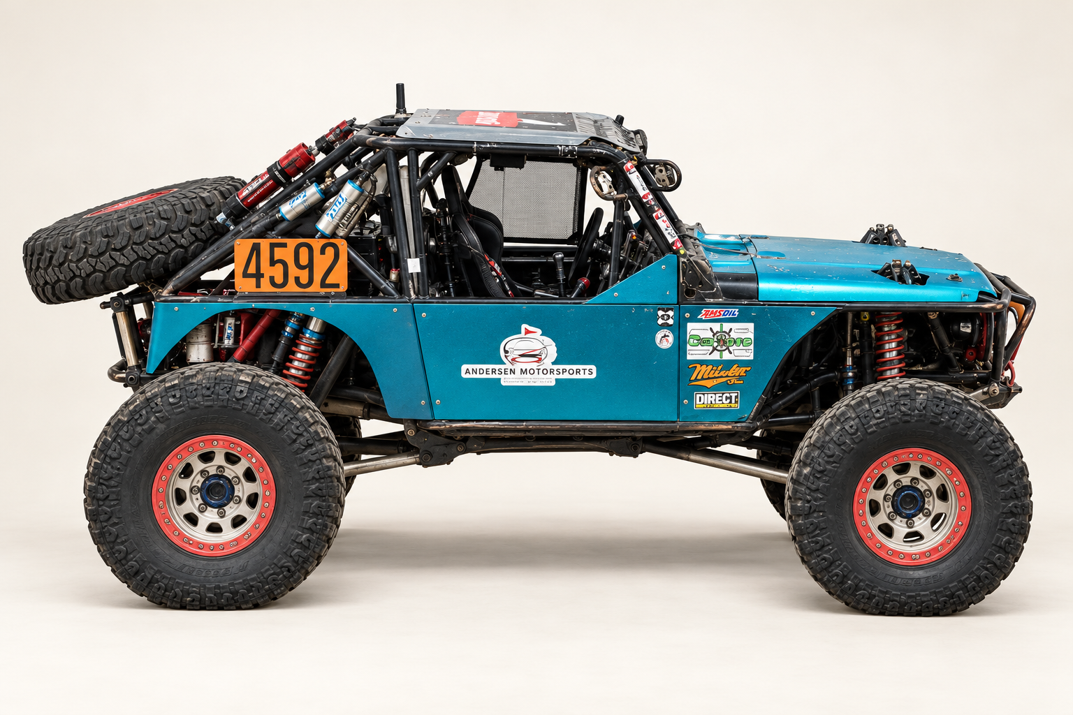 Andersen Motorsports Car #4592 right passenger side profile showing sponsor placements and #4592 marker plate