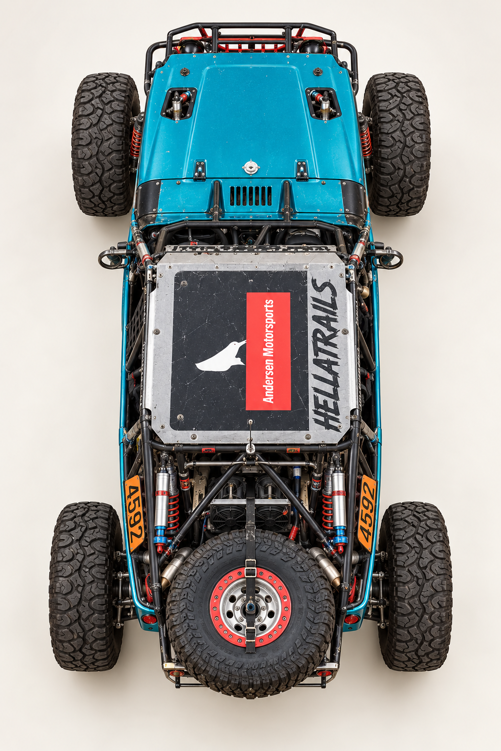 Andersen Motorsports Car #4592 overhead birds-eye view showing roof panel and spare tire carrier