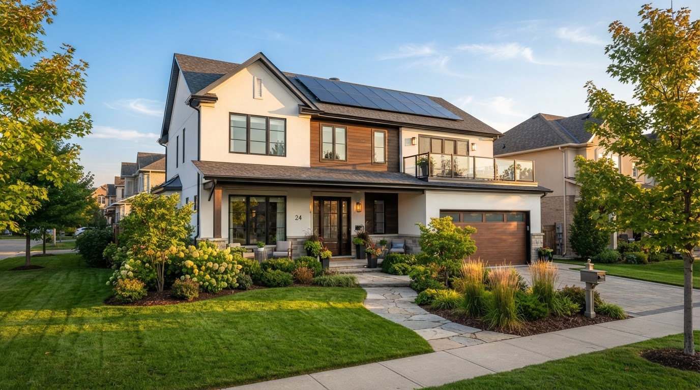 Modern suburban home with solar panels in warm sunlight
