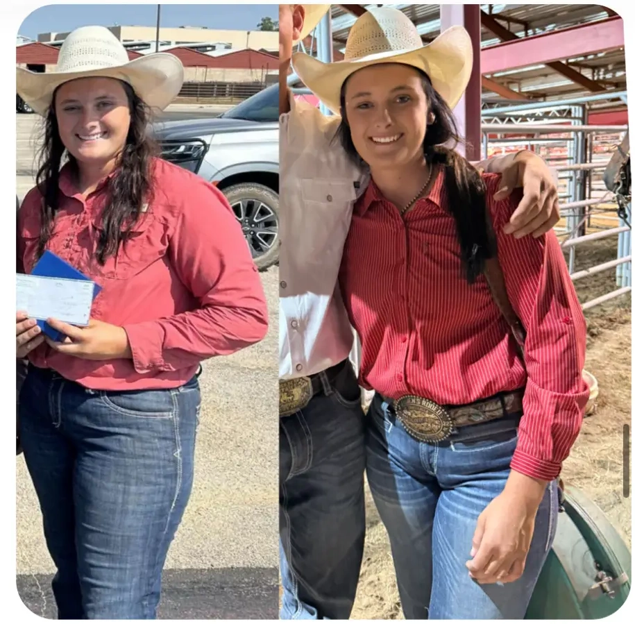 Carlee's radiant before and after progress photo in Western attire