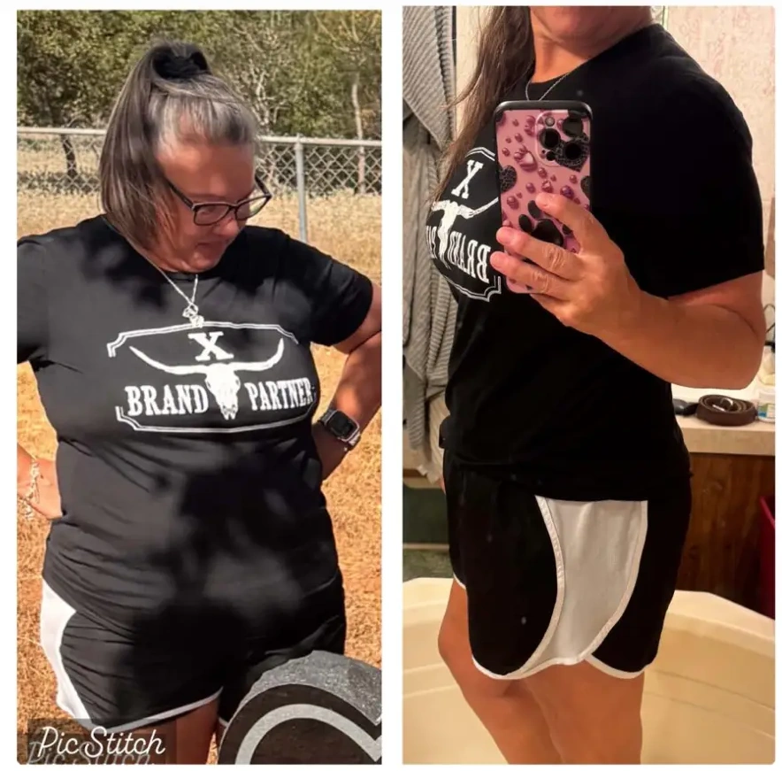 Wendy side-by-side transformation in black Brand Partner shirt and shorts showing 52.2 lbs weight loss